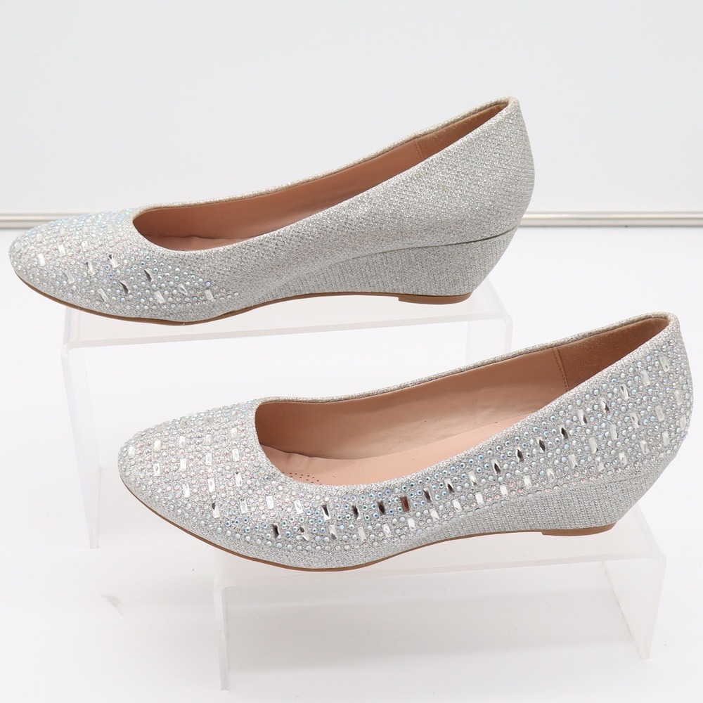 Forever Womens Silver Glitter Rhinestone Wedge Pumps Formal Evening Shoes Size 9
